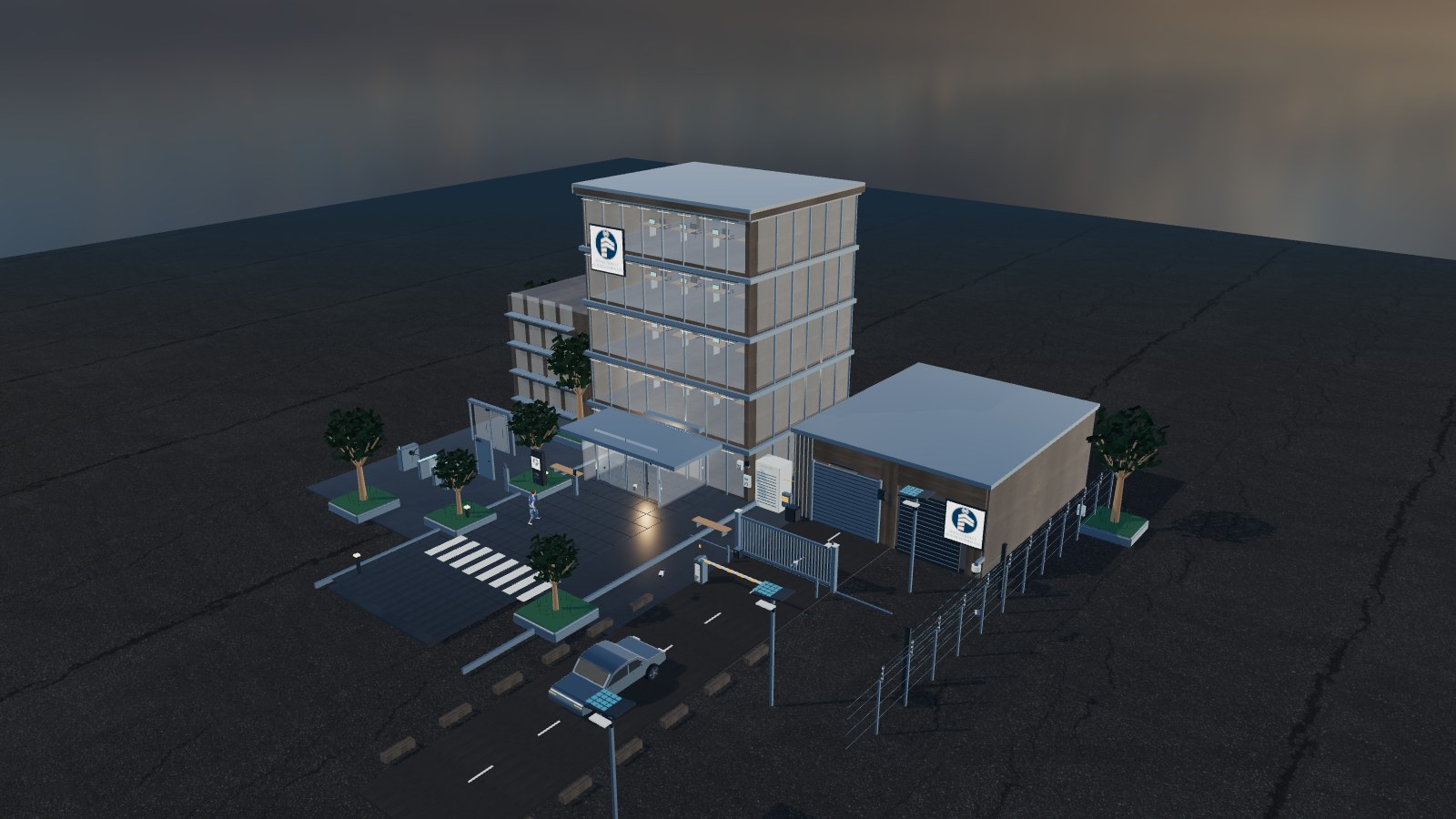 Campus corporativo e industrial ficticio, representación 2D